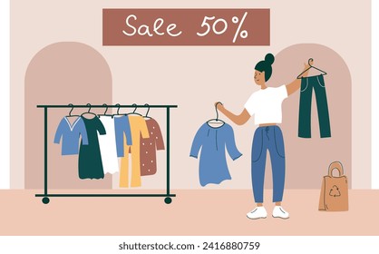 woman customer buying clothes.  Woman shopping in flea market or second hand shop. Eco sustainable fashion concept. Cheap garage sale, second hand shop. Flat vector cartoon illustration