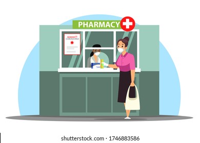 Woman Customer Buying Medicines At Pharmacy Counter. People Wearing Medical Protection Masks, Gloves. Vector Illustration Of Distance Service Scene In Coronavirus Pandemic, Infection Prevention