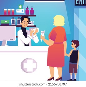 Woman customer buys medicine with prescription in drug or pharmacy store, flat vector illustration. Mother with child talking to pharmacist or medical worker.