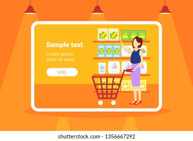 woman customer carrying trolley cart choosing food big grocery shop supermarket interior girl buyer super market shopping concept full length flat horizontal copy space