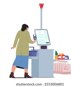 Woman customer cartoon character buying groceries food product using automated electronic self-checkout kiosk with pos terminal for payment vector illustration. Nowadays retail service in supermarket