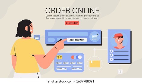 Woman customer choose food or consumer goods online in application or website from store, grocery, market or restaurant. Online delivery service, payment, non contact courier delivery concept banner.