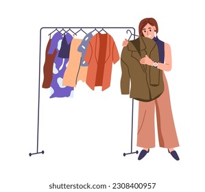 Woman customer choosing clothes at fashion store, modern showroom. Happy girl at retail shop, apparel sale, making decision to buy. Flat graphic vector illustration isolated on white background