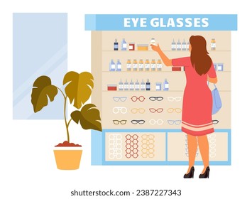 Woman customer at eyeglasses shop choosing and buying drops for eyes or contact lens liquid on showcase vector illustration. At ophthalmology store concept