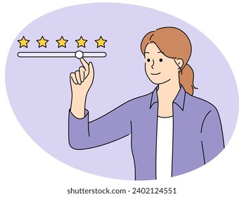 Woman customer give feedback to service. Female client rating good or bad consumer experience. Consumerism and rate concept. Vector illustration.