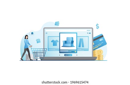 Woman customer with grocery cart selects products, makes purchases, places order in online store on website in laptop. Contactless payment by credit card on Internet. Girl buys on Internet.