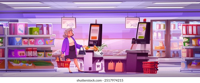 Frau Kunde mit Lebensmittelgeschäft im Warenkorb im Supermarkt-Counter-Service-Bereich mit Selbstkasse Kiosk. Käuferinnen im Shop mit Produkten auf Racks und modernem, automatisiertem, kontaktlosem Terminal.