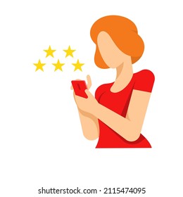 Woman customer leave positive feedback five stars smartphone app online service vector flat illustration. Female client write good comment rating, survey and evaluation isolated. Digital marketing