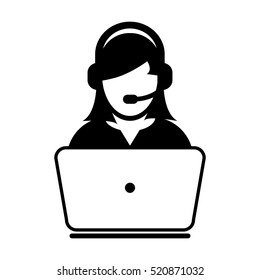 Woman Customer Service Icon - User With Laptop Computer & Headphone Vector illustration