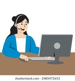 woman customer service using computer three quarter view illustration.