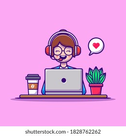 Woman Customer Service working on Laptop with Headphone. People Technology Icon Concept Isolated Premium Vector. Flat Cartoon Style