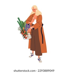 Woman customer with shopping basket, healthy vegetarian food, grocery products. Modern girl buying organic natural vegetables, fruits. Flat graphic vector illustration isolated on white background