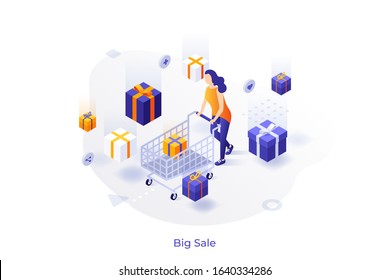 Woman customer with shopping cart and falling gift boxes. Black Friday internet sale, online discount, store bonuses, electronic or digital presents. Modern colorful isometric vector illustration.