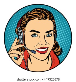 Woman customer support operator. Pop art retro vector, realistic hand drawn illustration. The smile on the face