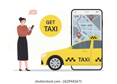 Woman customer uses mobile phone for taxi order, app online. Smartphone user interface with transportation service. Yellow cab, passenger vehicle, digital technology. flat vector illustration