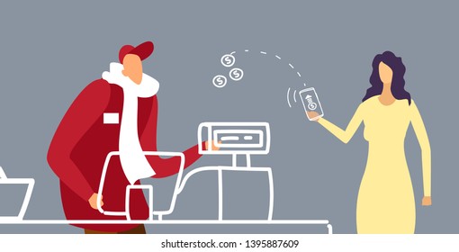 woman customer using mobile app paying with smartphone girl standing at cash desk with male cashier supermarket worker nfc payment concept modern grocery shop sketch doodle horizontal portrait