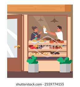 Woman customer visiting street small bakery shop to buy fresh bread view from outside through window building exterior vector illustration. City retail place offering baked natural nourishment