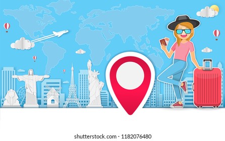 woman cute cartoon traveler with luggage on Background travel around the world concept Top world famous landmark. content paper art, vector, banner, Card, Poster,