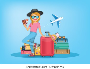 woman cute cartoon traveler with luggage and accessories asset on blue Background travel around the world concept.