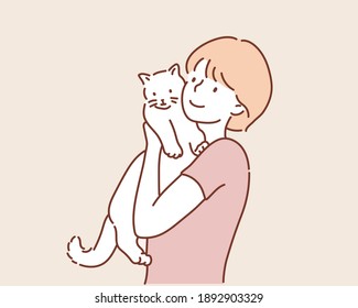 Mujer con un lindo gato. Ilustraciones de diseño vectorial de estilo dibujado a mano.