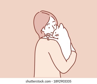 Woman with cute cat. Hand drawn style vector design illustrations.