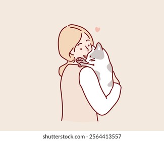 Woman with cute cat. Hand drawn style vector design illustrations.	