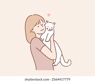 Woman with cute cat. Hand drawn style vector design illustrations.	