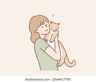 Woman with cute cat. Hand drawn style vector design illustrations.	