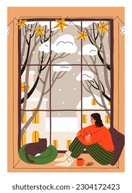 Mujer y lindo gato en un acogedor umbral de ventana en casa. Persona y gatito sentados, mirando por la ventana en vacaciones de invierno, tiempo libre, Nochebuena. Tarjeta vertical de vacaciones de Navidad. Ilustración vectorial plana