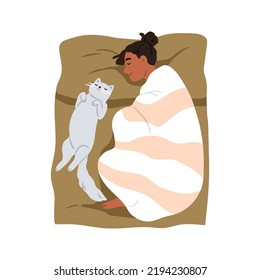 Mujer y lindo gato durmiendo juntos, vista de arriba. Chica durmiendo en una pose fetal en la cama. Persona feliz, propietario de gatitos envuelto en sueños de manta. Ilustración vectorial gráfica plana aislada en fondo blanco