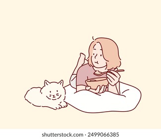 mujer con gato lindo. Ilustraciones de diseño de Vector de estilo dibujado a mano.