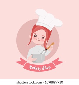 Woman cute chef is cooking character. Hand drawn vector illustration.