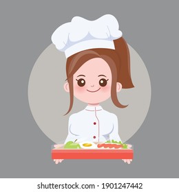 Woman cute chef is cooking character. Hand drawn vector illustration.