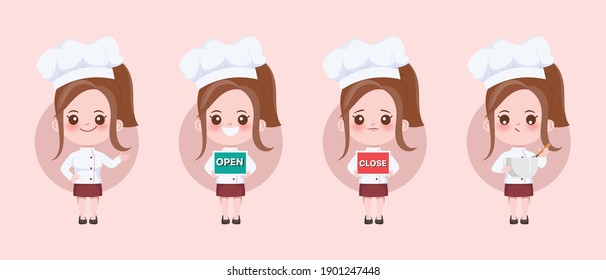 Woman cute chef is cooking character. Hand drawn vector illustration.