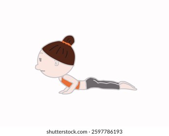 A woman with a cute face and her hair tied up in an illustrated hairstyle is doing the cobra pose in yoga