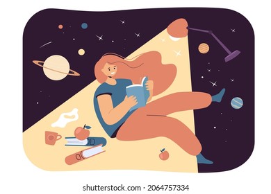 Woman With Cute Face Reading Book And Thinking At Night Under Light Of Lamp. Cartoon Happy Kid In Magic Library Flat Vector Illustration. Book Business, Leisure Time, Education, Hobby Concept