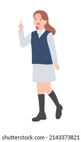 A woman in a cute style is pointing a finger and explaining. flat design style vector illustration.