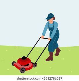 A woman cuts grass with a lawn mower