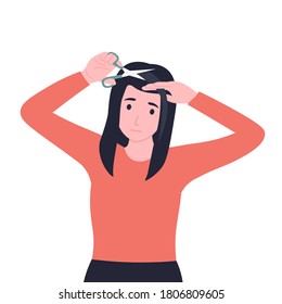 Woman cuts her own bangs. Portrait of attractive young girl cutting her own hair. Flat vector cartoon illustration.