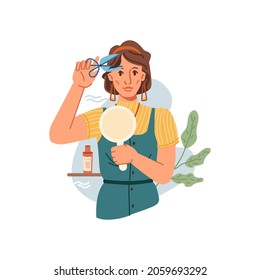 Woman cuts her own bangs isolated flat cartoon character. Vector portrait of attractive young girl cutting hair in front of small mirror, change of hairstyle at home, shelf with cosmetics and plants