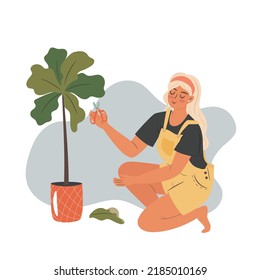 Woman cuts off dried leaves of a plant. Vector concept illustration 