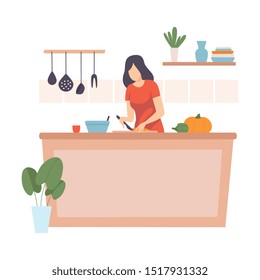 Woman cuts vegetables in the kitchen. Vector illustration.