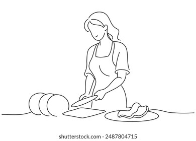 Frau schneidet Brot in der Küche, Continuous Line Art Vektorillustration.