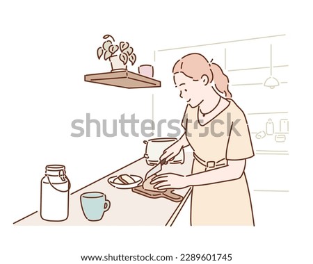 woman cutting bread in kitchen. Hand drawn style vector design illustrations.
