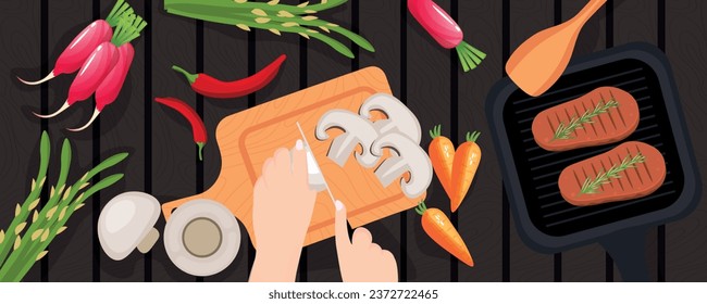 Woman cutting fresh mushrooms while cooking dinner on wooden bac