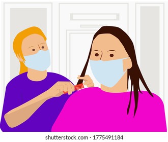 Woman cutting hair at the hair salon with face mask 