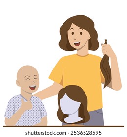 Woman cutting her hair for donation to child cancer patient isolated illustration