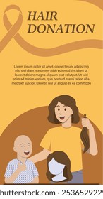 Woman cutting her hair for donation to child cancer patient vertical poster template