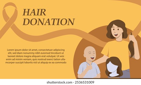 Woman cutting her hair for donation to child cancer patient landscape poster template