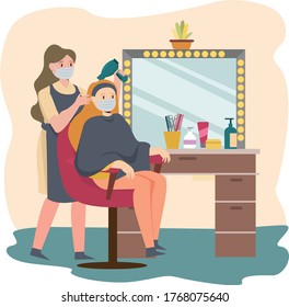 A woman cutting her hair at hair salon while keep using medical mask